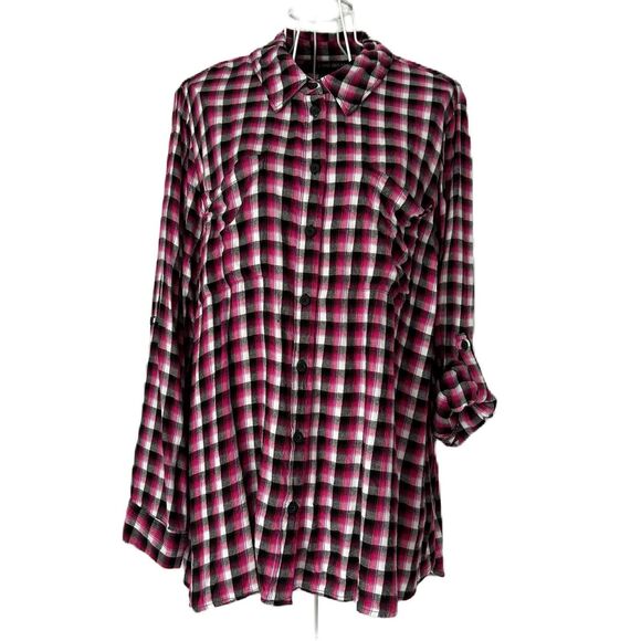 Lane Bryant Top Women 22/24 Pink Black Plaid Button Up Roll Tab Tunic Cabin Farm - Picture 1 of 16